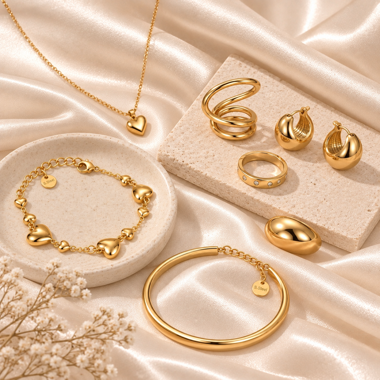 Joyería dorada de Be You Brand sobre bandeja de piedra